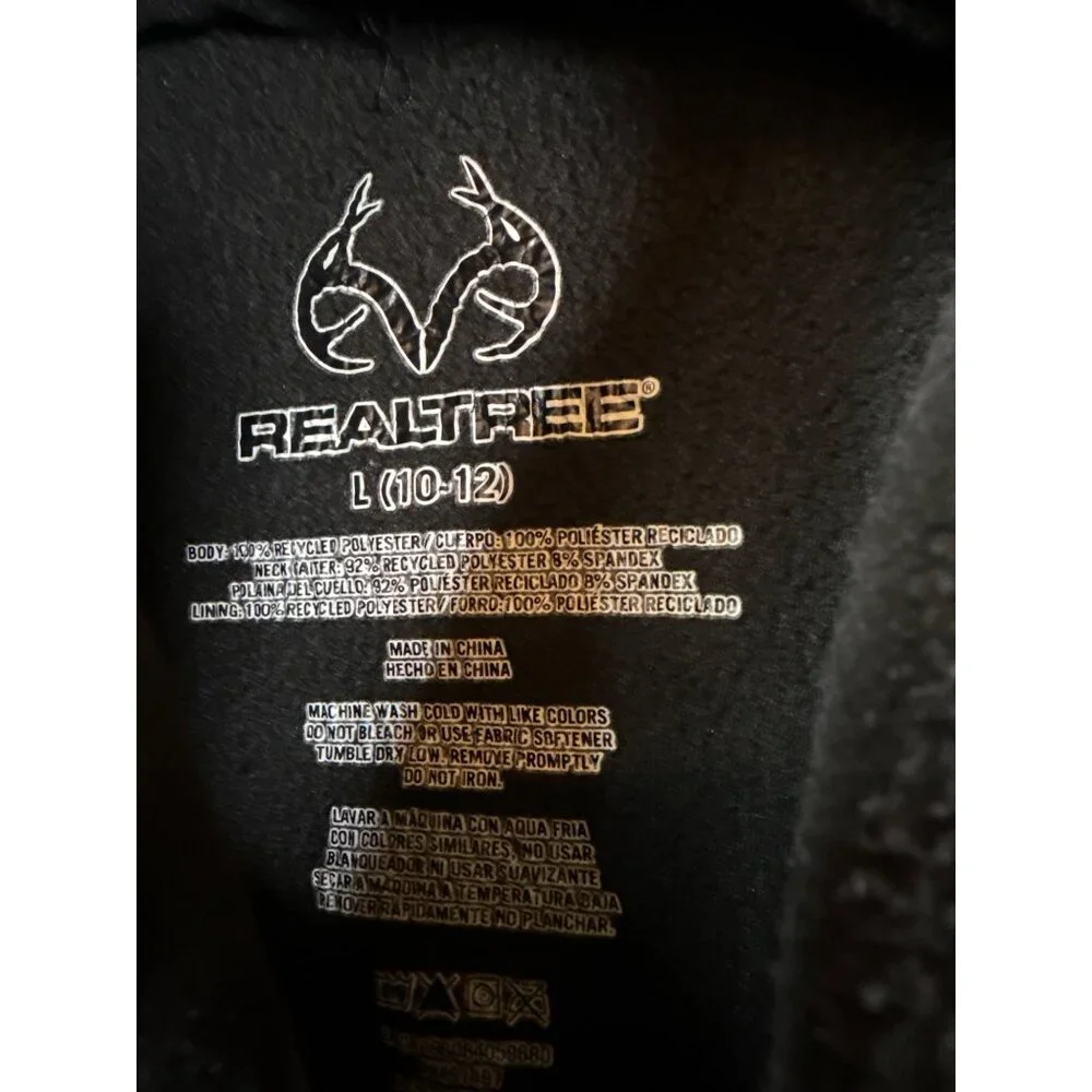Realtree Boys Black Hooded Pullover Size L 10-12 Activewear cold gear (BB311)